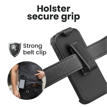 The Waterproof Series holster for iPhone 17 Pro Max attached to a belt, demonstrating the secure grip and strong belt clip designed for active use.
