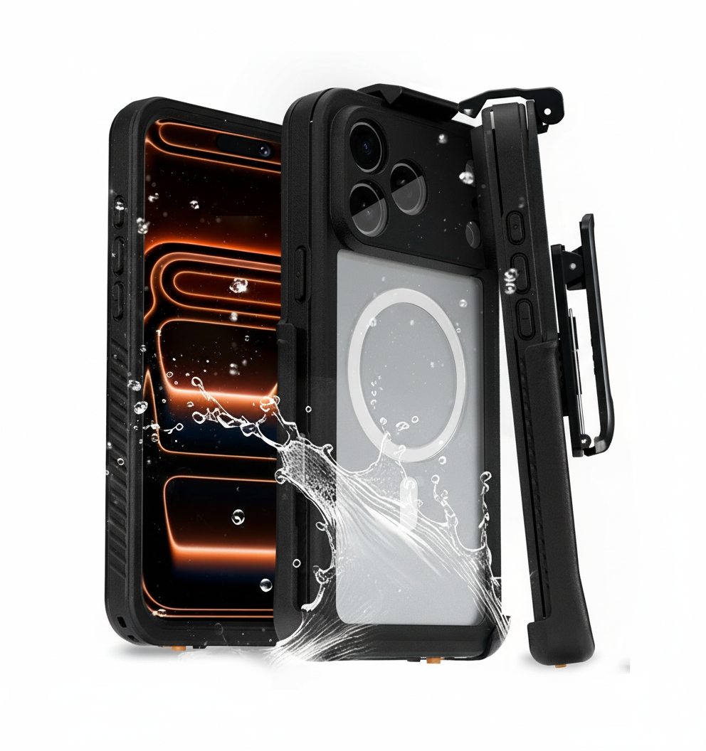 Front, back, and profile views of the iPhone 17 Pro Max Waterproof Series case with a water splash, highlighting superior water resistance and IP68 sealing.