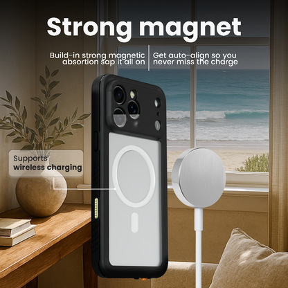 Close-up of the iPhone 17 Pro in the Waterproof Series case, highlighting the strong integrated magnet for MagSafe wireless charging compatibility even while sealed.