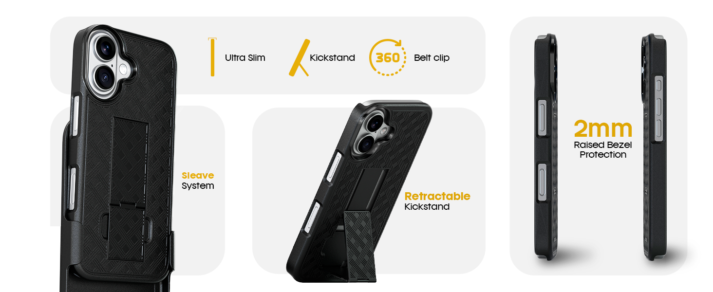 Infographic showcasing the key features of the Motivecase Ranger V1 for iPhone 17: an ultra-slim profile, vertical kickstand, and 360-degree belt clip.