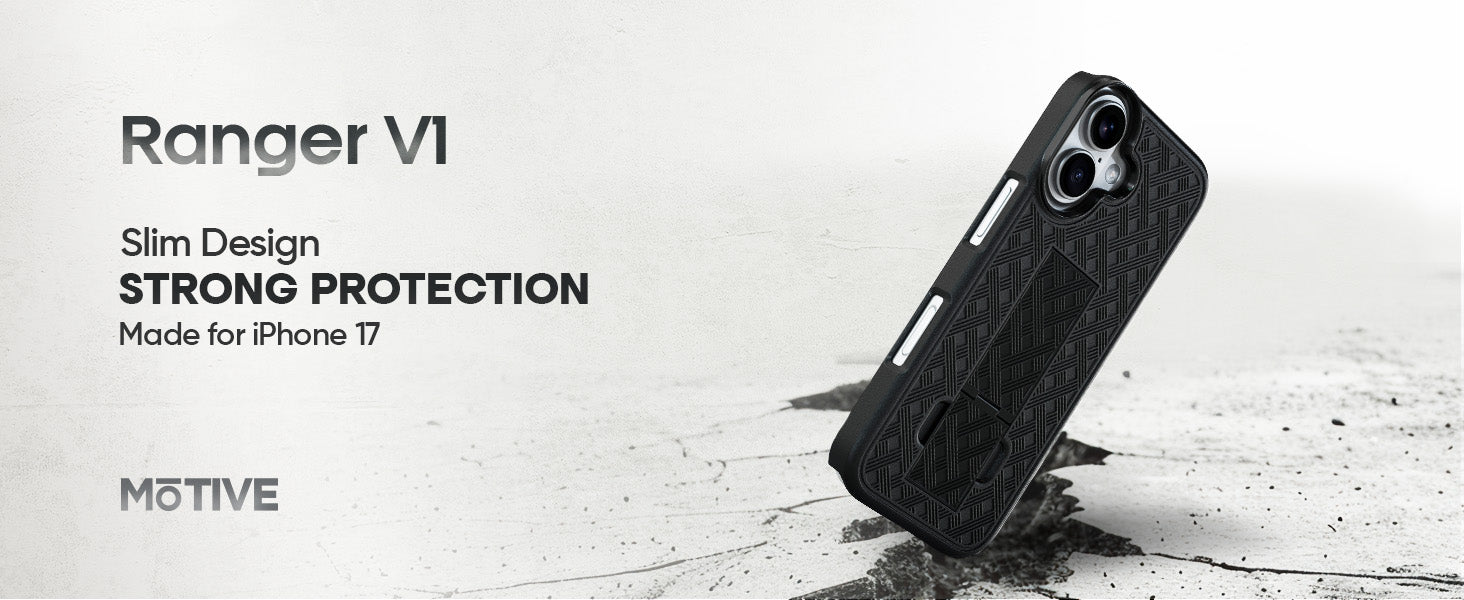 Motivecase Ranger V1 case for iPhone 17, highlighting its combination of a slim design with strong, reliable protection.
