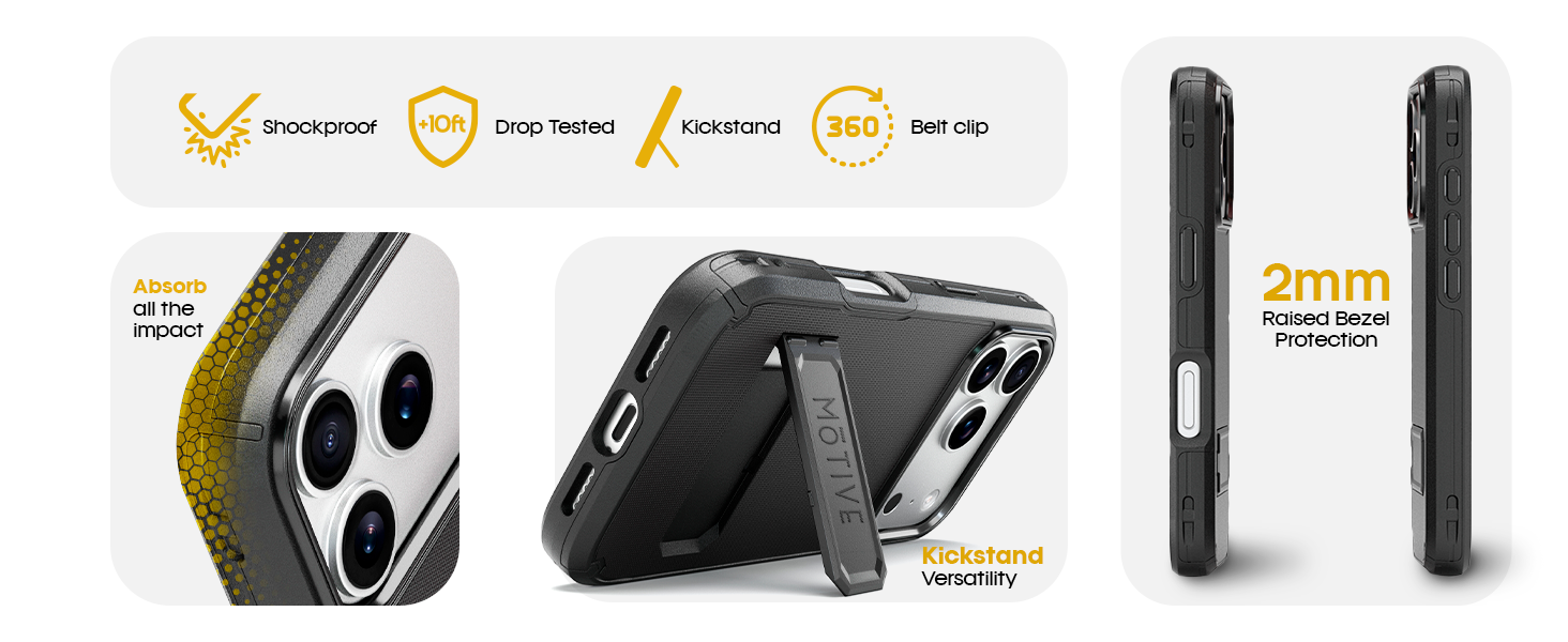 Infographic of the Motivecase Ranger V2 case, showcasing its shockproof frame, 10ft drop test, 360° belt clip, and 2mm raised bezel.