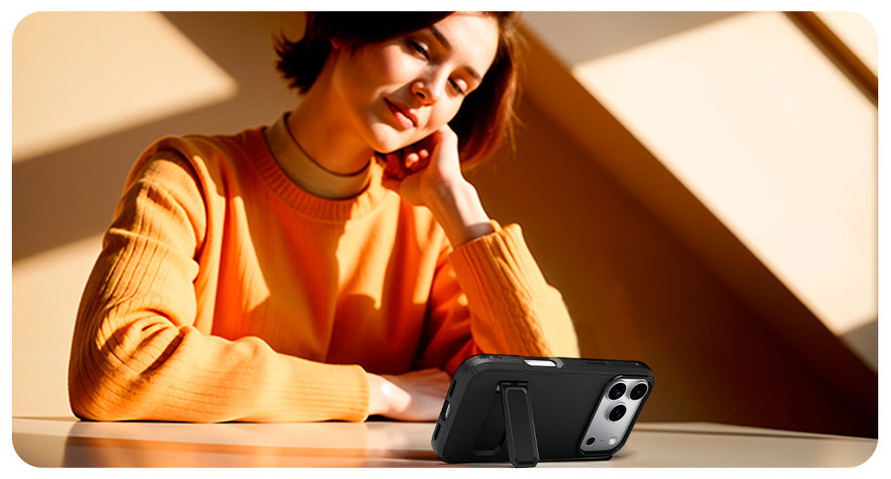 A woman watching a video on an iPhone 17, propped up by the Ranger V2 case's horizontal kickstand.
