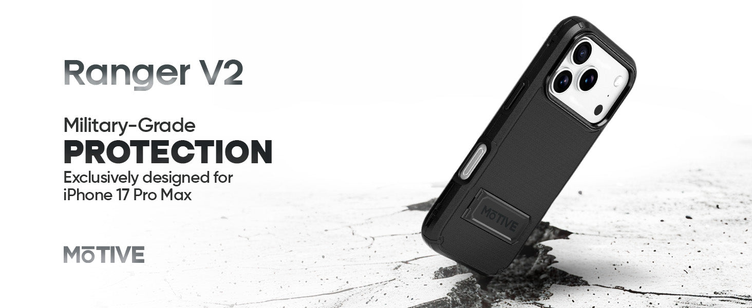 Motivecase Ranger V2 case for iPhone 17, highlighting its military-grade, dual-layer protection.
