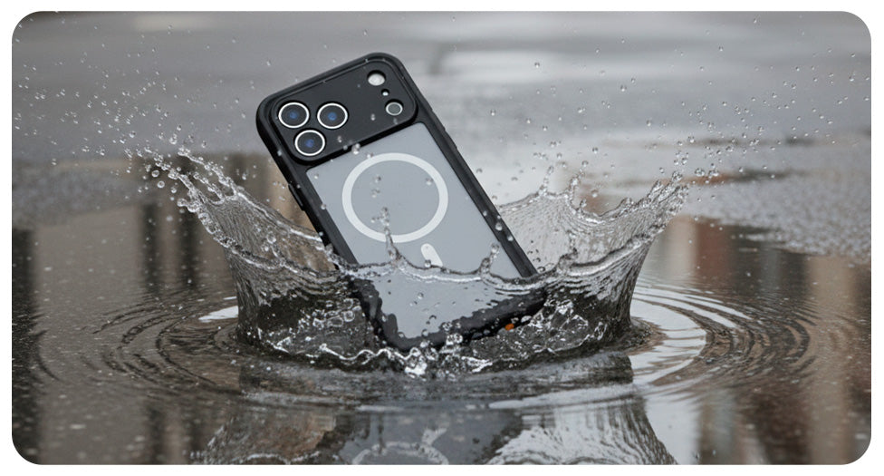 A Motivecase Waterproof case protecting an iPhone 17 as it falls into a street puddle, showcasing its water and impact resistance.