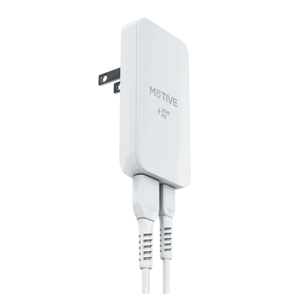 The 35W dual port GaN charger with both a USB-C and a USB-A cable connected, demonstrating its versatility.