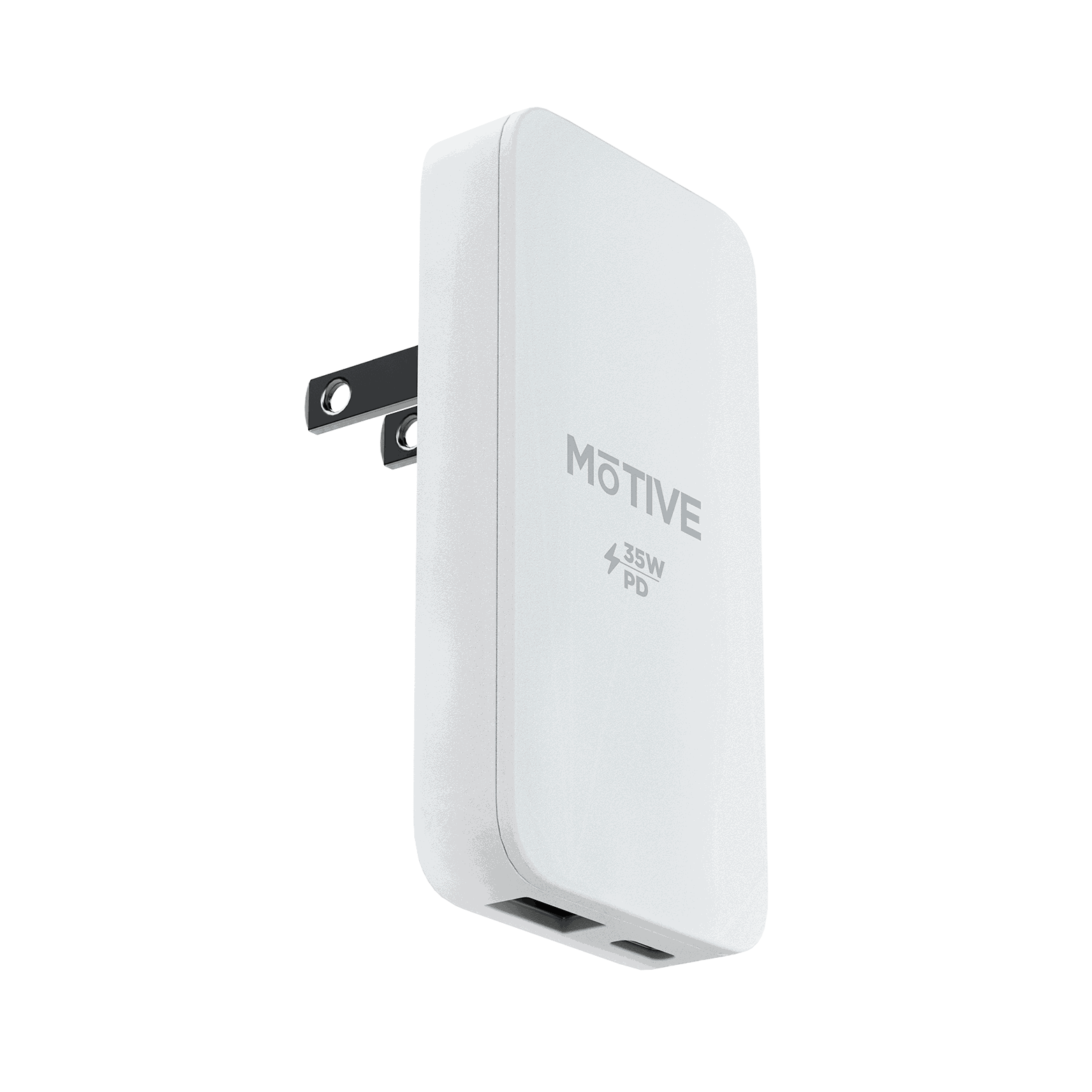 A diagonal view of the ultra-compact, flat 35W GaN fast charger from Motivecase.