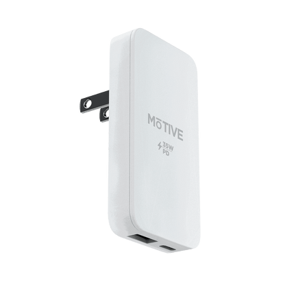 A diagonal view of the ultra-compact, flat 35W GaN fast charger from Motivecase.