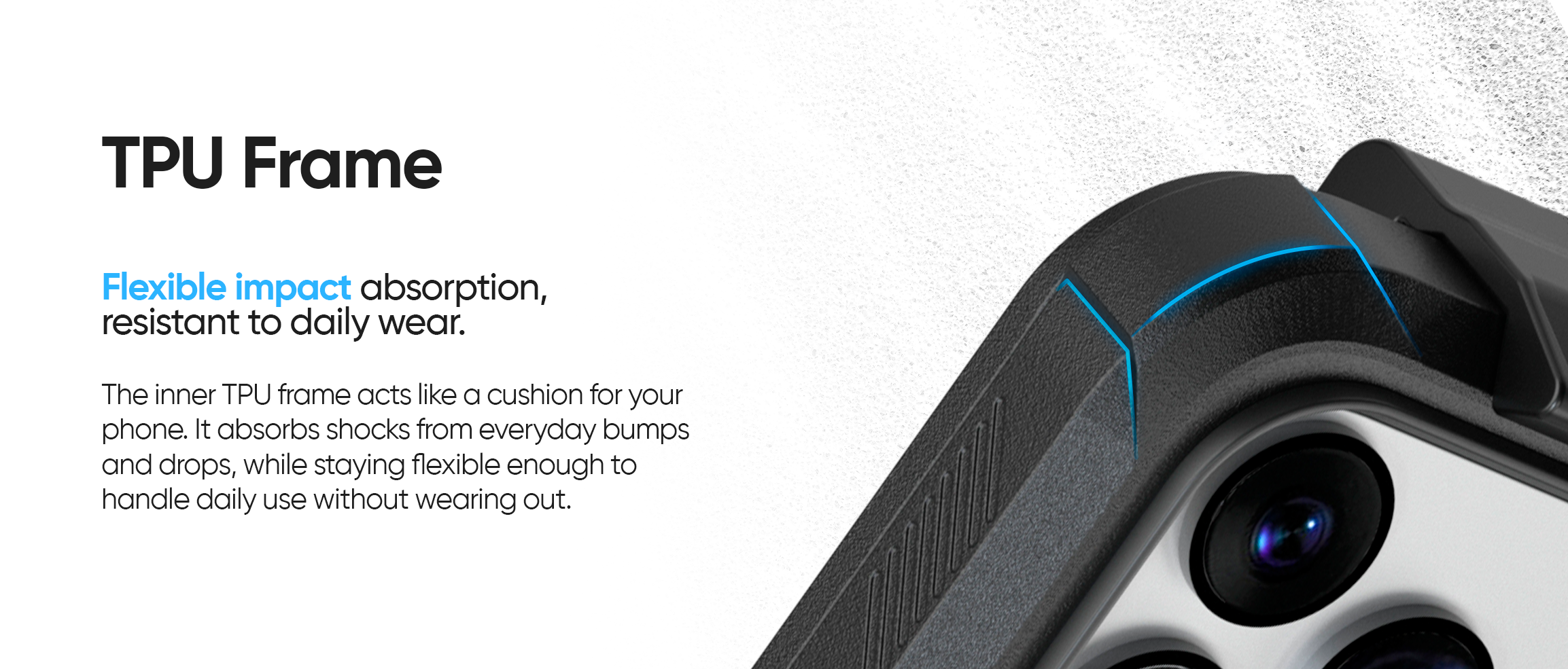 Close-up on the textured grip surface of the Motivecase Bunker case, designed for a confident and non-slip hold.