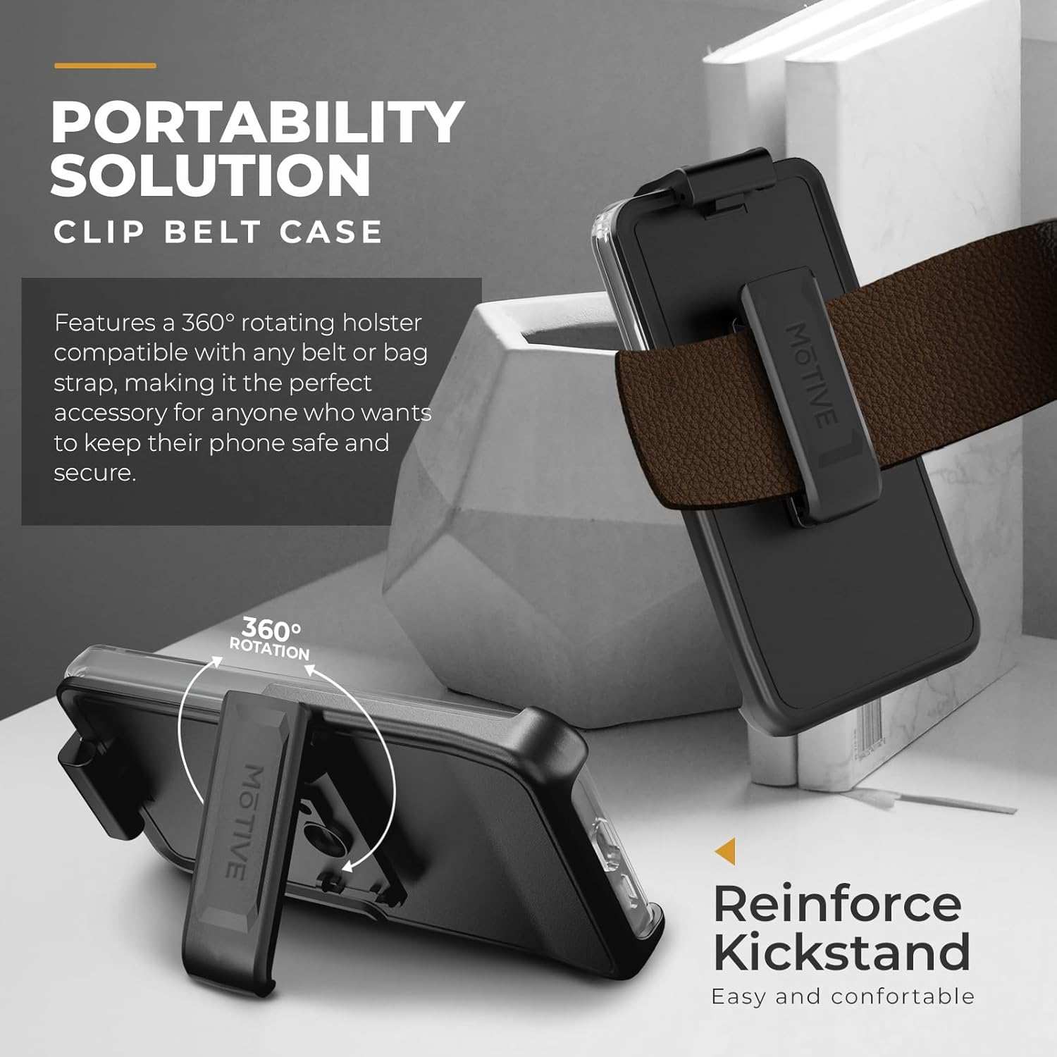 The versatile belt clip holster for the Crystal case, showing its 360° rotation and its function as a hands-free kickstand.