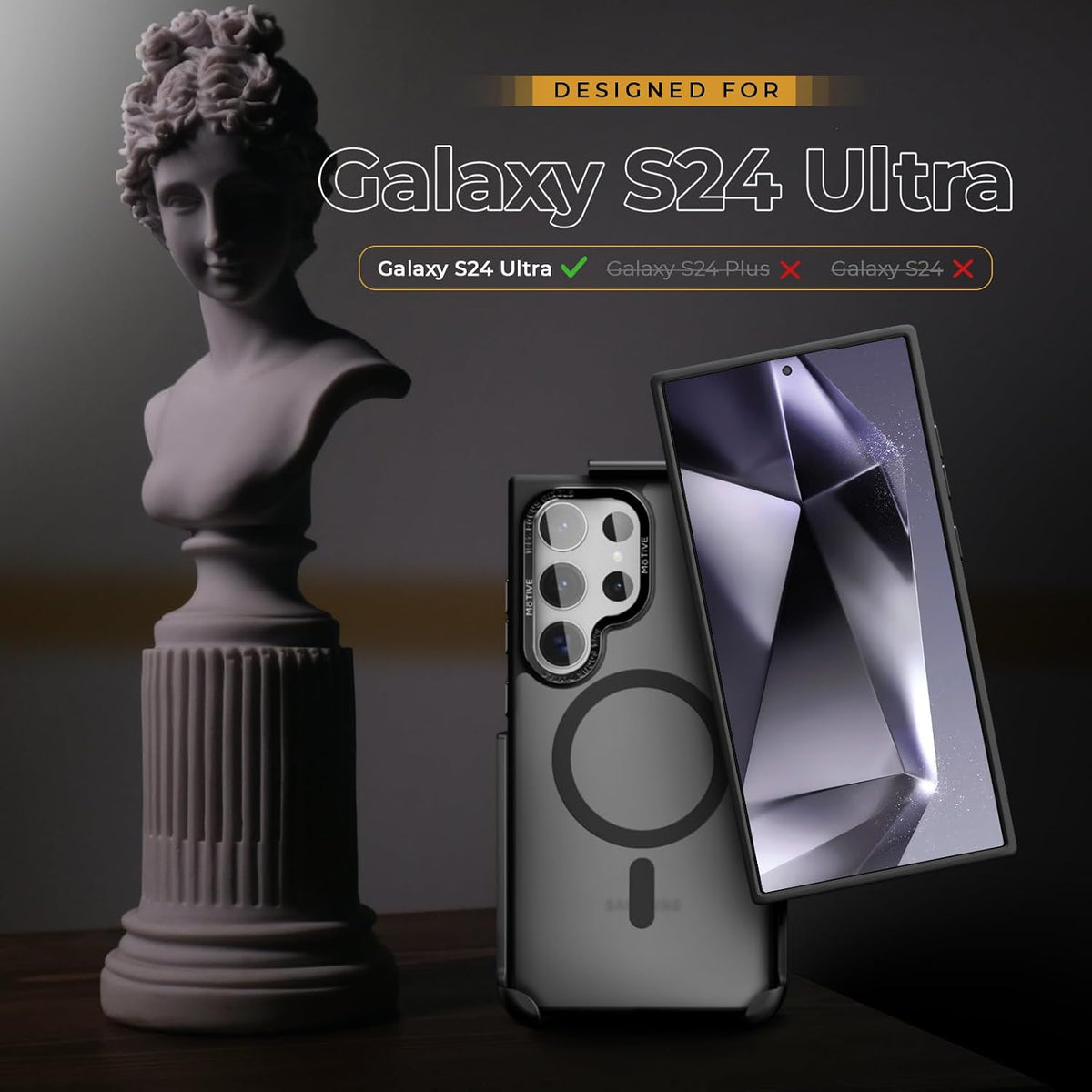 Official device sizing and model compatibility chart for Motivecase Crystal Frost Series protective phone case designed specifically for Samsung Galaxy S24 Ultra. **(22 words)**