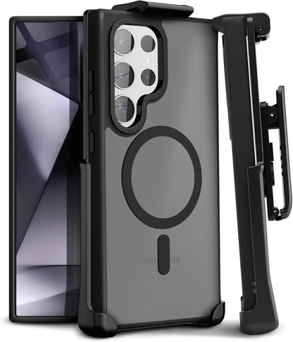 Motivecase Crystal Frost Series transparent MagSafe case for Samsung Galaxy S24 Ultra featuring drop protection, rotating belt clip holster, and original packaging. **(22 words)**
