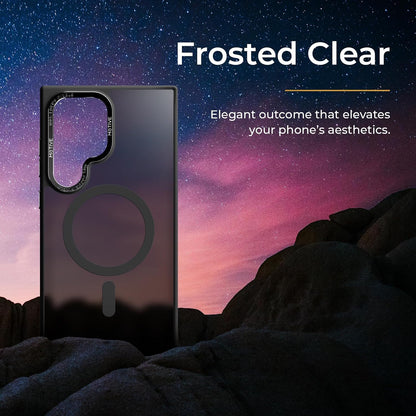 Motivecase Crystal Frost Series heavy-duty case for Samsung Galaxy S24 Ultra enduring 10ft military drop test impact with raised screen and camera bezels. **(23 words)**