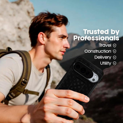 `Outdoor lifestyle photo of Motivecase Ranger V1 case for Google Pixel 10 XL supported horizontally on concrete using its integrated rear kickstand.`