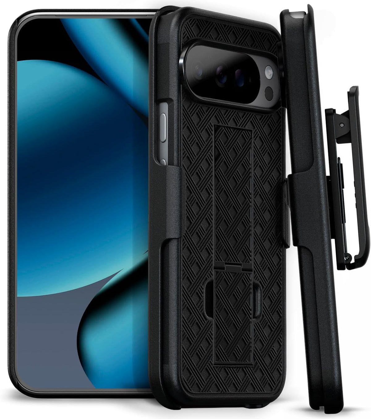 `Black Motivecase Ranger V1 case for Google Pixel 10 XL featuring front screen protection, textured back cover, kickstand, and swivel belt clip holster.`