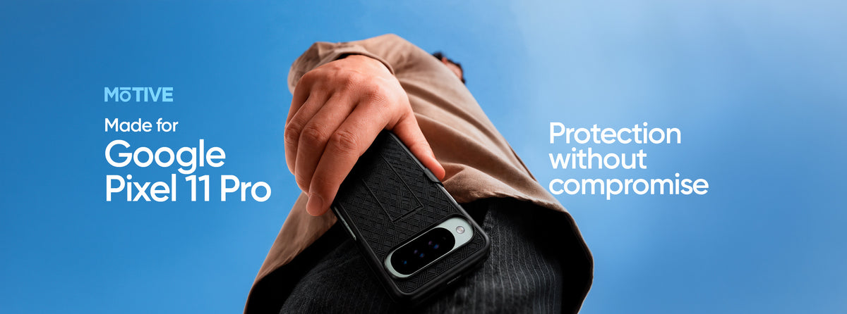 Motivecase desktop banner showcasing a person holding a Google Pixel 11 Pro protected in a black heavy-duty textured case against a blue sky.