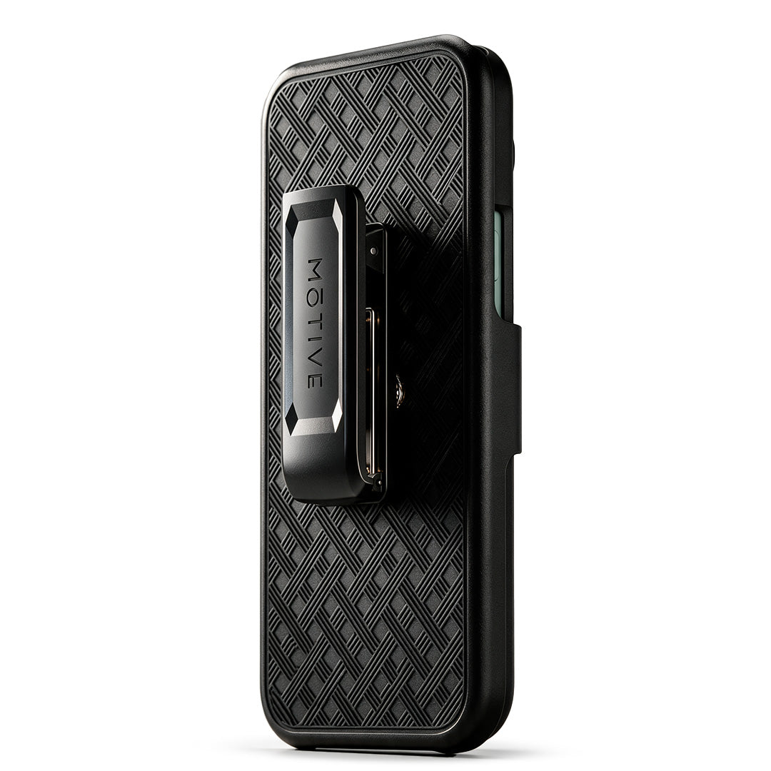 Motivecase Ranger V1 phone holster case featuring 360-degree rotating belt clip and non-slip side grip for tactical hands-free carrying.
