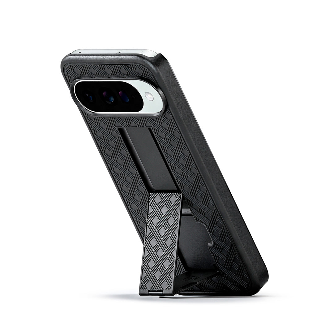 Motivecase Ranger V1 series rugged phone case displaying built-in retractable kickstand for hands-free vertical viewing and video calling.