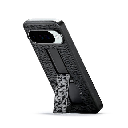 Motivecase Ranger V1 series rugged phone case displaying built-in retractable kickstand for hands-free vertical viewing and video calling.