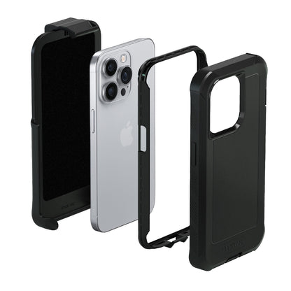 Exploded multi-layer protection diagram of Motivecase Bunker case for iPhone 13 Pro Max highlighting felt-lined holster, rigid front frame, and shockproof armor.