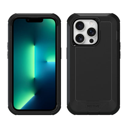 Motivecase Bunker Series case for iPhone 13 Pro Max shown in full body front screen display view and heavy-duty shockproof back cover view.