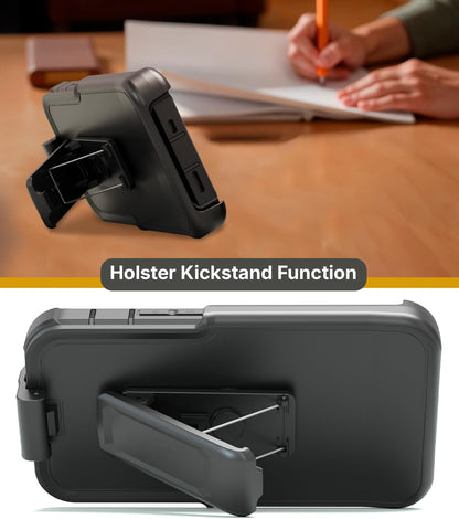 Motivecase Bunker case for iPhone 13 Pro Max resting horizontally on wooden desk using built-in holster clip kickstand for hands-free viewing.