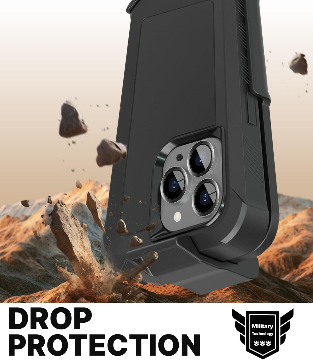 Motivecase Bunker Series case for iPhone 13 Pro Max demonstrating military-grade drop defense and shock-absorbing air-cushion corners against rugged rocky ground.