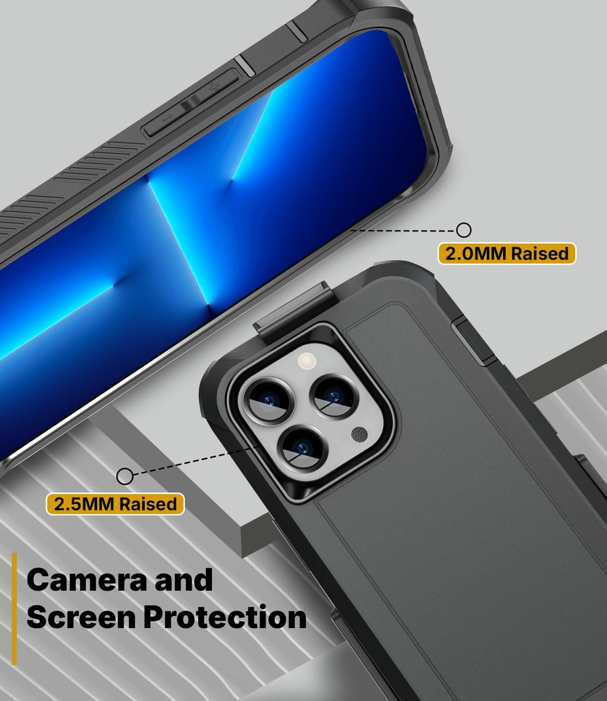 Close-up technical diagram of Motivecase Bunker case for iPhone 13 Pro Max specifying 2.5mm raised camera bezel and 2.0mm screen edge defense.