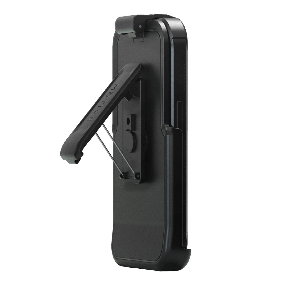 Motivecase Bunker Series phone case for iPhone 13 Pro Max featuring heavy-duty 360-degree swivel belt clip holster locked in hands-free kickstand mode.