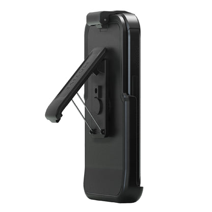 Motivecase Bunker Series phone case for iPhone 13 Pro Max featuring heavy-duty 360-degree swivel belt clip holster locked in hands-free kickstand mode.