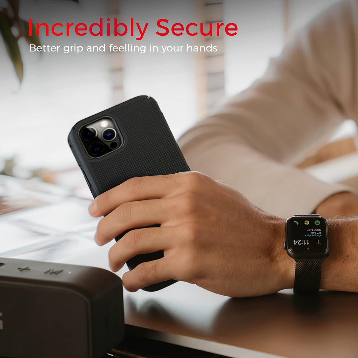 Detailed view of Motivecase Ranger V2 heavy-duty case for iPhone 13 Pro Max highlighting ergonomic non-slip side grip texture for secure hold.