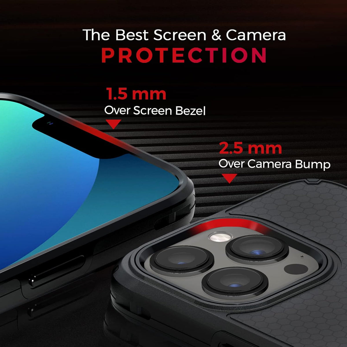 Motivecase Ranger V2 rugged case for iPhone 13 Pro Max showing raised camera lens bezels and elevated screen protection guard edges.