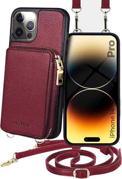 Official Motivecase Fancy Series crossbody wallet case for the Apple iPhone 14 Pro in Red Wine.