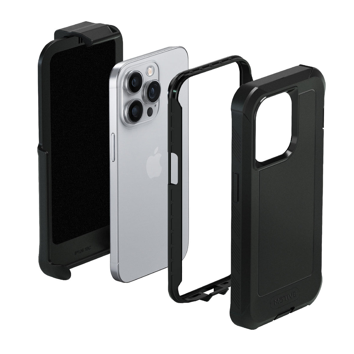Exploded multi-layer protection diagram of Motivecase Bunker case for iPhone 14 Pro Max highlighting felt-lined holster, rigid front frame, and shockproof armor.