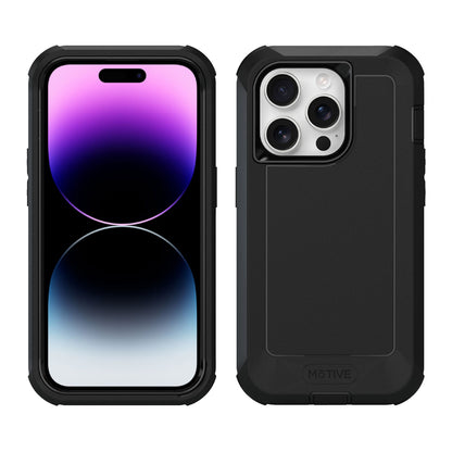 Motivecase Bunker Series case for iPhone 14 Pro Max shown in full body front screen display view and heavy-duty shockproof back cover view.