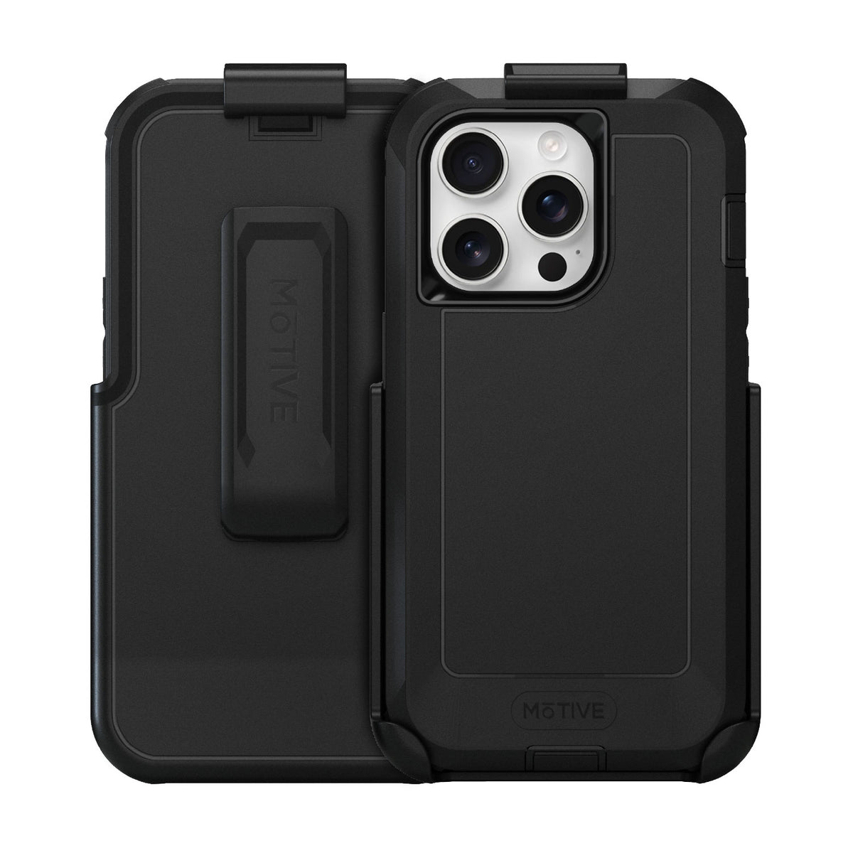 Motivecase Bunker Series phone case combo for iPhone 14 Pro Max featuring heavy-duty armor back cover and detachable swivel belt clip holster.