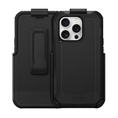 Motivecase Bunker Series phone case combo for iPhone 14 Pro Max featuring heavy-duty armor back cover and detachable swivel belt clip holster.