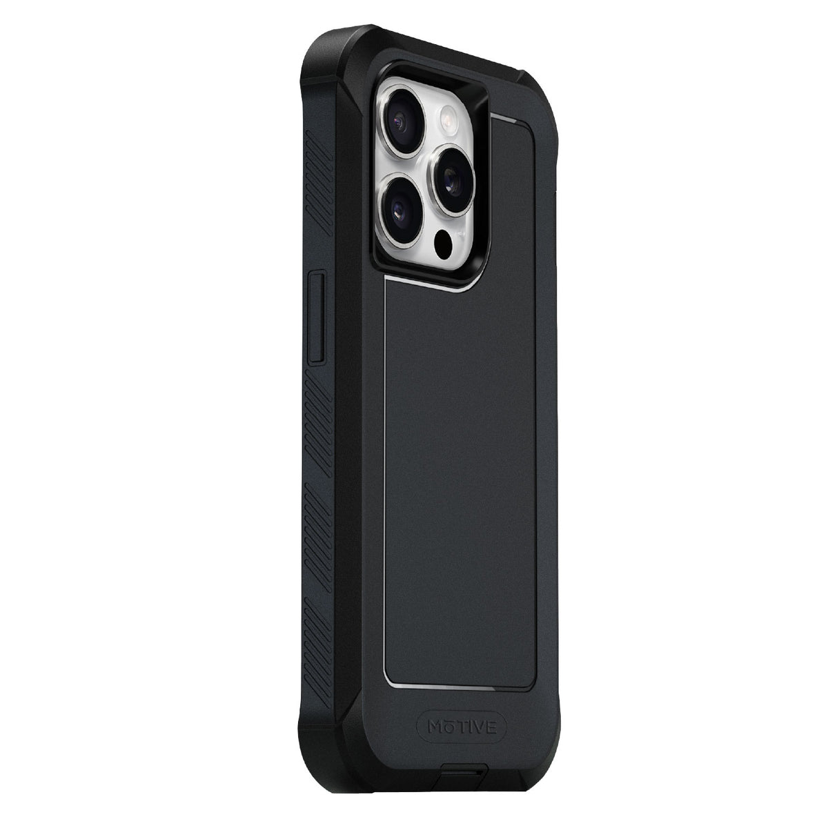 Motivecase Bunker Series heavy-duty protective case for iPhone 14 Pro Max displaying rugged shockproof corners, triple camera lens cutouts, and textured side grip.