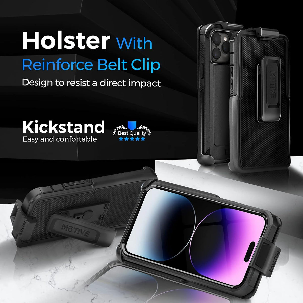 Motivecase Bunker case for iPhone 14 Pro Max displayed on pedestals highlighting landscape hands-free viewing using belt clip holster as a kickstand.