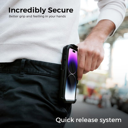 Person carrying Motivecase Bunker Series case for iPhone 14 Pro Max attached securely to waist belt with quick release holster clip mechanism.