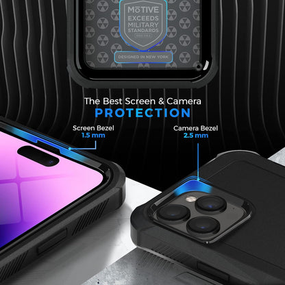 Close-up technical diagram of Motivecase Bunker case for iPhone 14 Pro Max specifying 2.5mm raised camera bezel and 1.5mm screen edge defense.