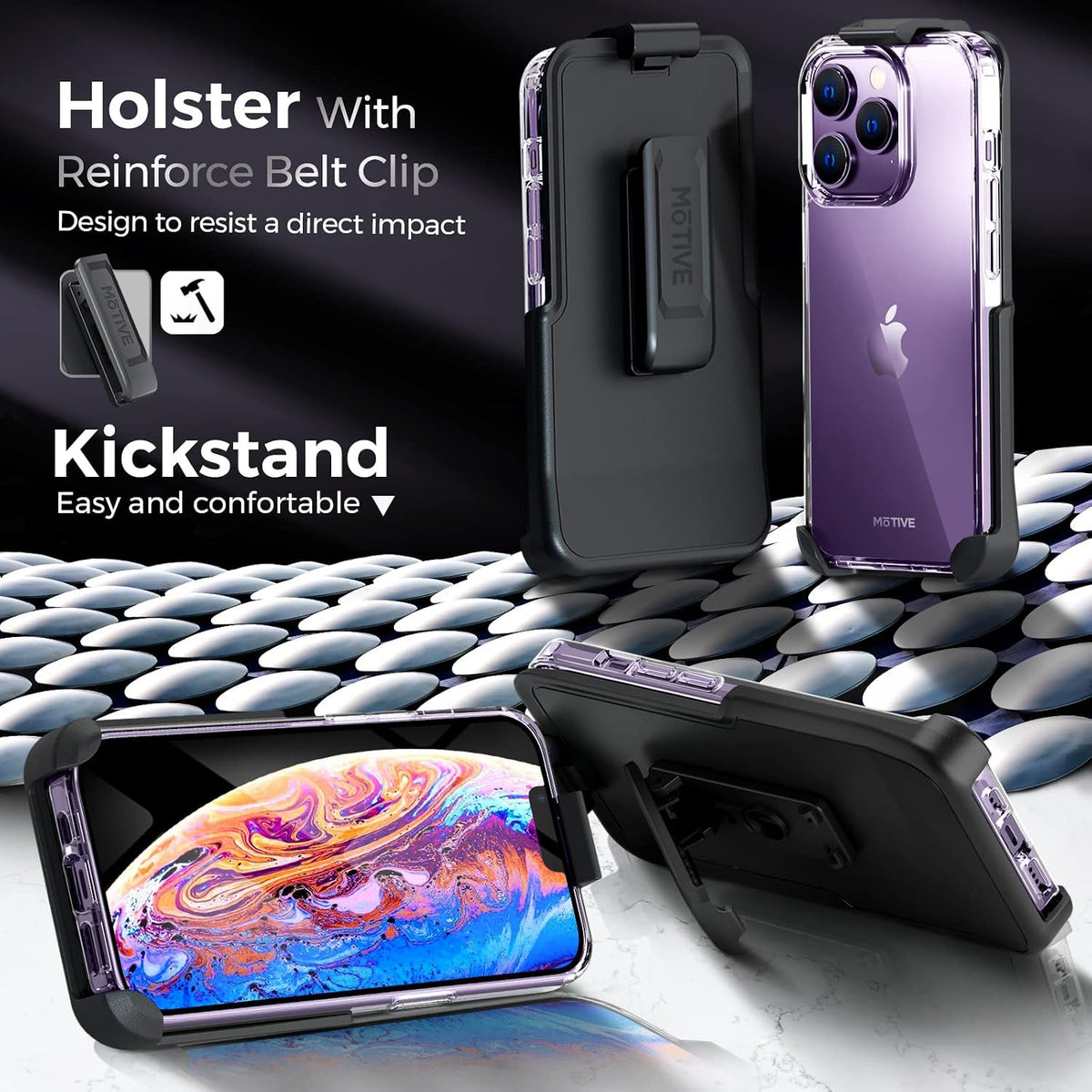 Motivecase Crystal Clear Series cover for iPhone 14 Pro Max showing detachable 360-degree rotating belt clip holster converting into hands-free viewing kickstand. **(22 words)**