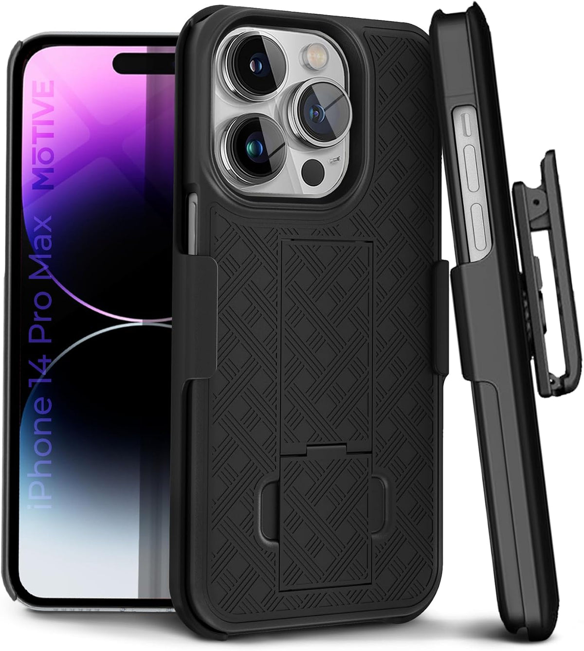 Motivecase Ranger V1 heavy-duty protective phone case for iPhone 14 Pro Max featuring rugged drop protection and belt clip holster.
