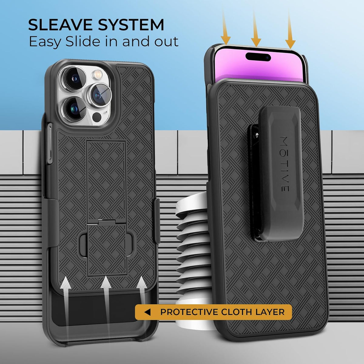 Motivecase Ranger V1 heavy-duty protective phone case for iPhone 14 Pro Max featuring rugged drop protection and belt clip holster.