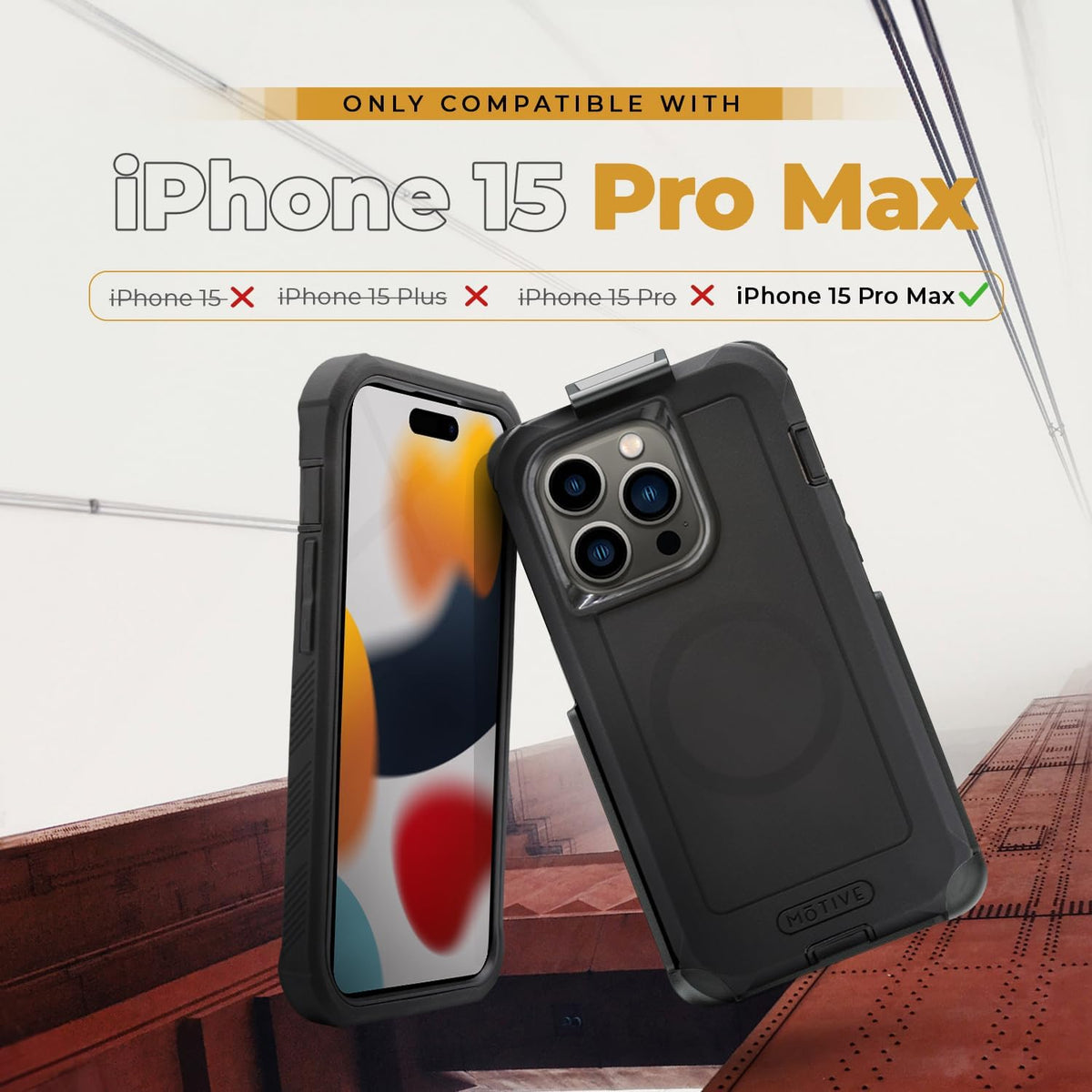 Device compatibility chart graphic for Motivecase Bunker case confirming precise custom fit exclusively for Apple iPhone 15 Pro Max 6.7-inch smartphone.