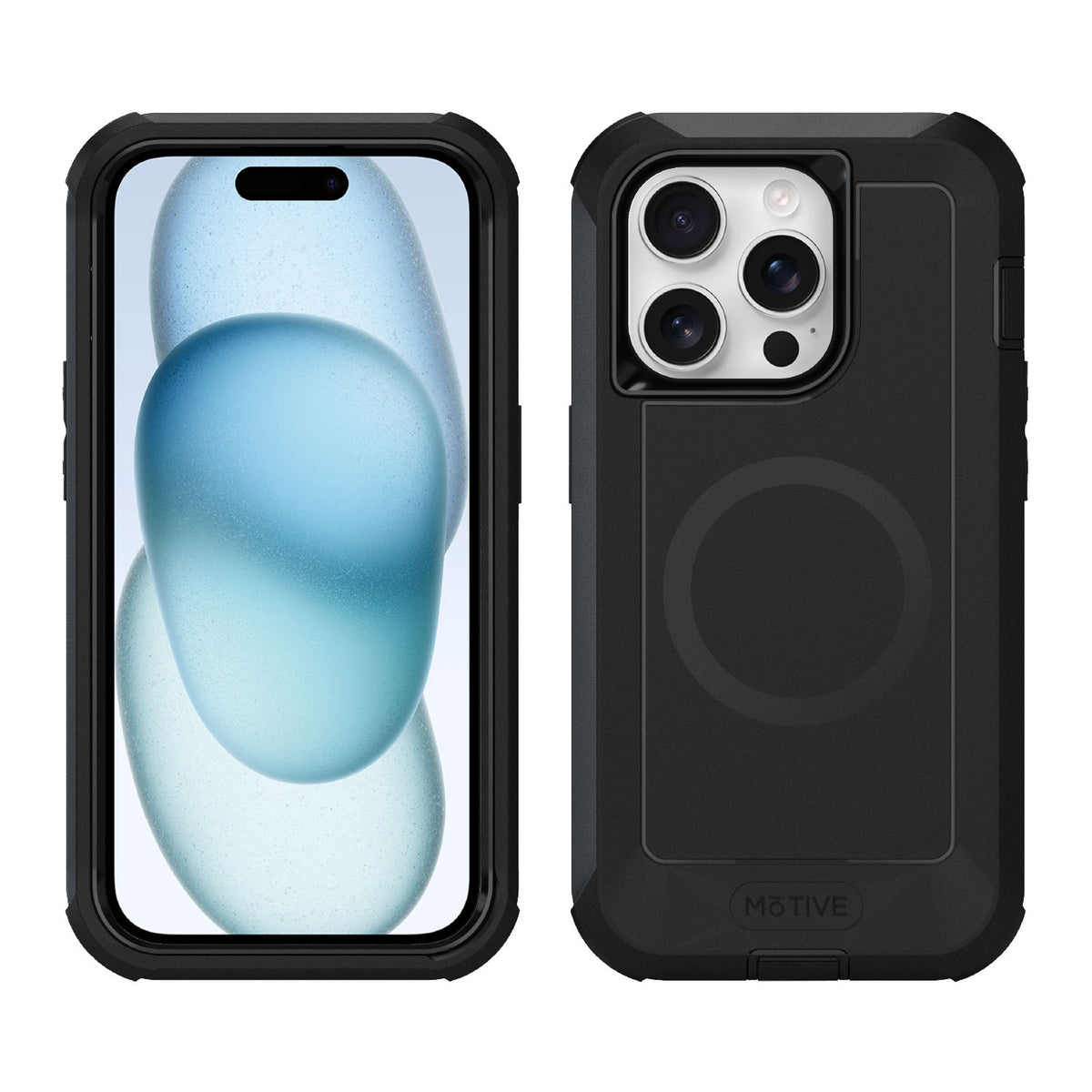 Motivecase Bunker Series case for iPhone 15 Pro Max shown in full body front screen display view and heavy-duty shockproof back cover view.