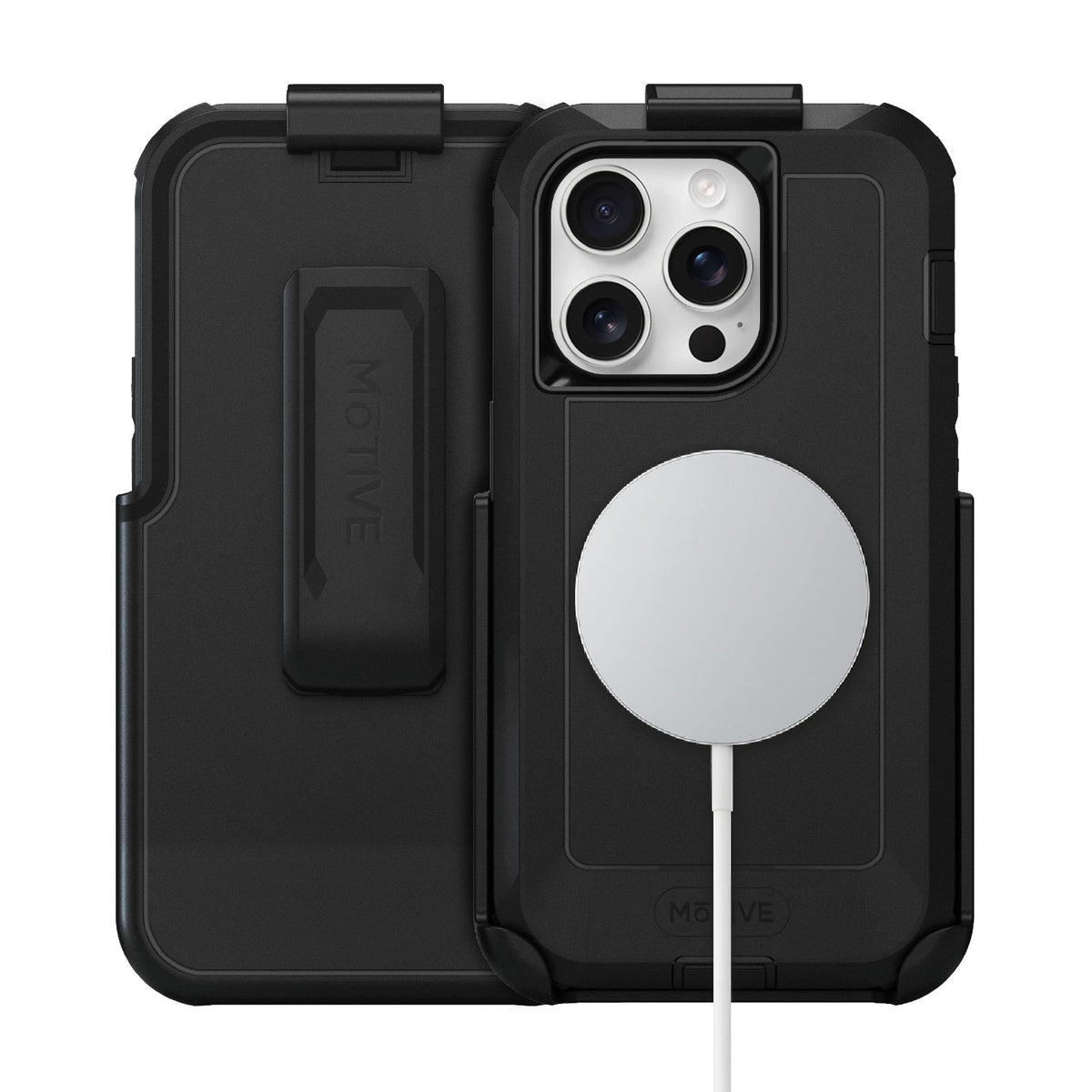 Motivecase Bunker Series phone case combo for iPhone 15 Pro Max featuring heavy-duty MagSafe armor back cover and detachable swivel belt clip holster.