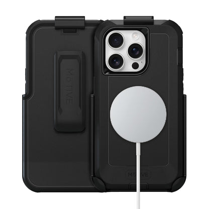 Motivecase Bunker Series phone case combo for iPhone 15 Pro Max featuring heavy-duty MagSafe armor back cover and detachable swivel belt clip holster.
