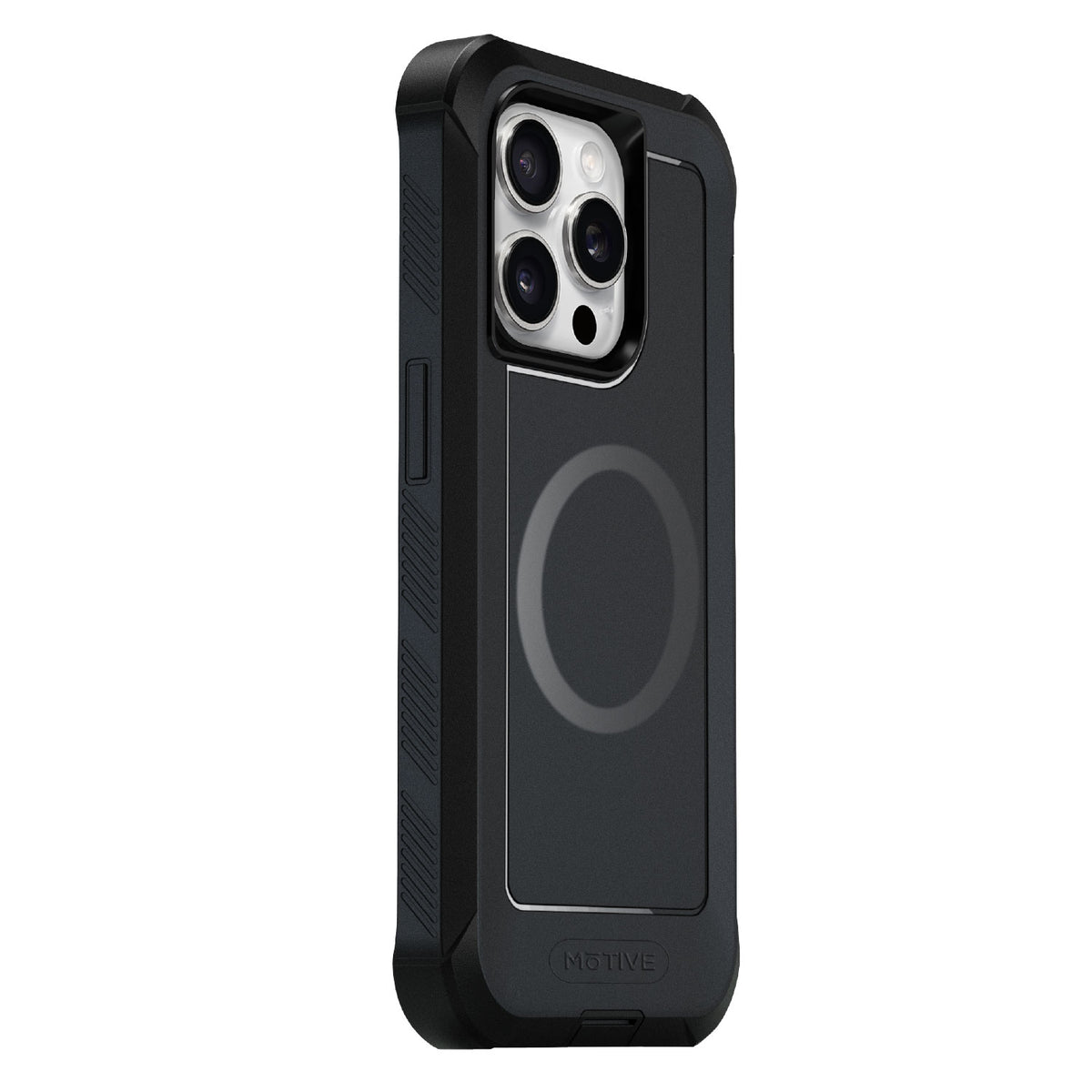 Motivecase Bunker Series heavy-duty protective case for iPhone 15 Pro Max displaying rugged shockproof corners, MagSafe ring, and triple camera lens cutouts.