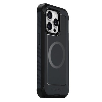 Motivecase Bunker Series heavy-duty protective case for iPhone 15 Pro Max displaying rugged shockproof corners, MagSafe ring, and triple camera lens cutouts.